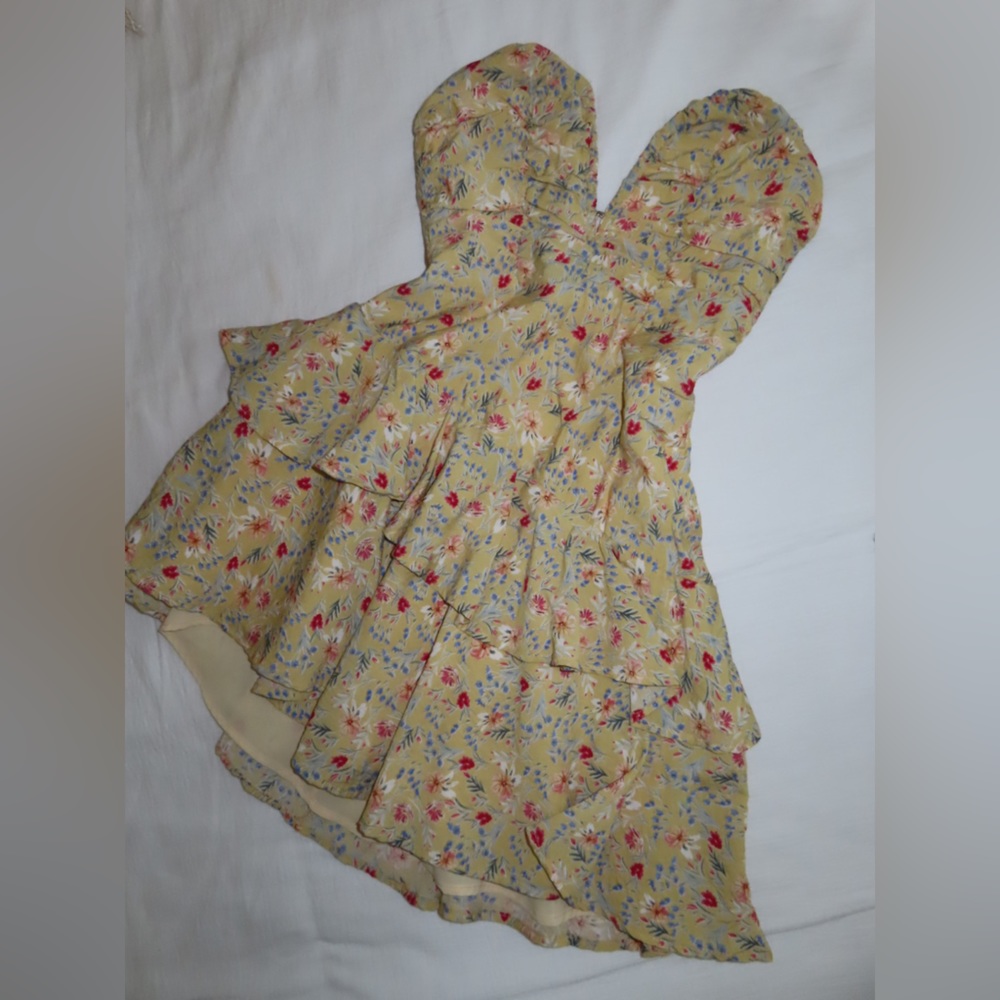 Yellow Floral Strapless Mini Dress